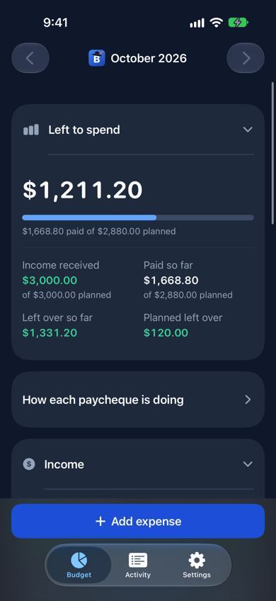 Budget screen in dark mode with totals expanded