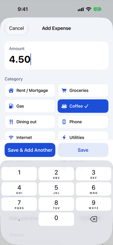 Add Expense sheet with amount 4.50 and the Coffee chip selected