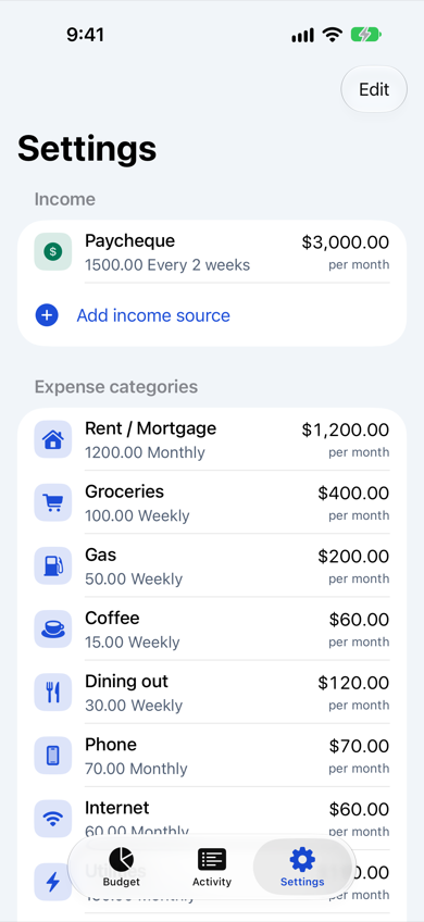 Settings screen listing income and categories with totals